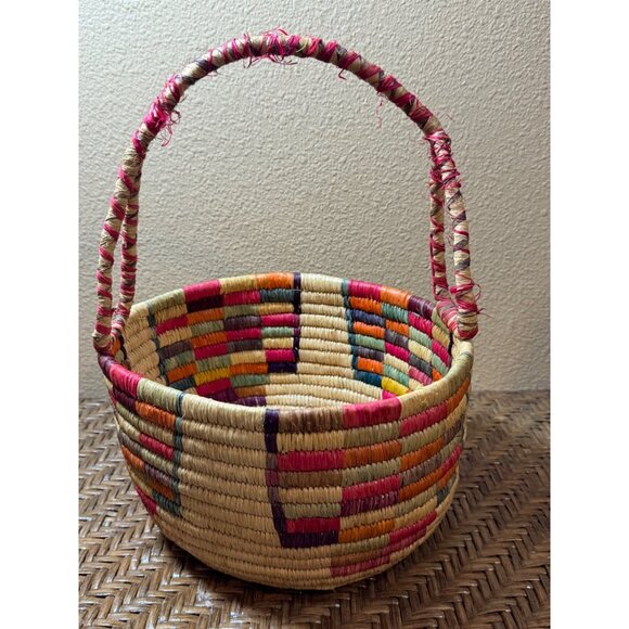 Handwoven Multicolored Straw Basket With Handle - Vibrant Patterned Design - Picture 1 of 9
